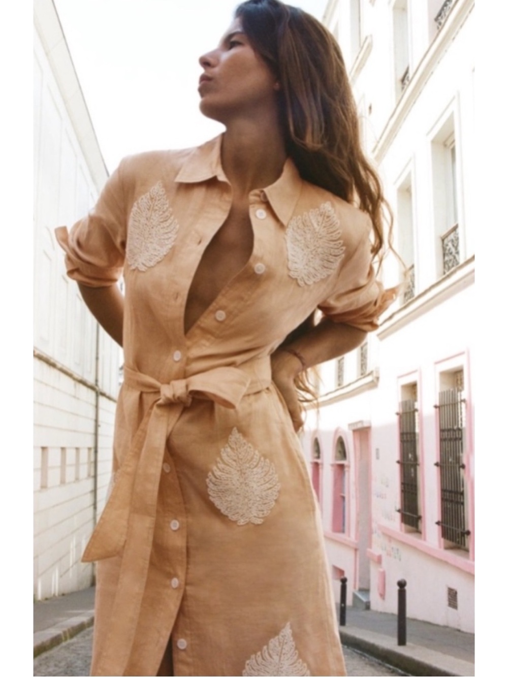ZARA BLOGGER LIMITED EDITION Beige & White Leaf Beaded Belted Linen Shirt Dress